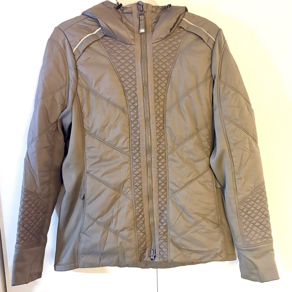 Athleta Rock Ridge PrimaLoft Jacket L Astronomy Grey Quilted Hooded EUC